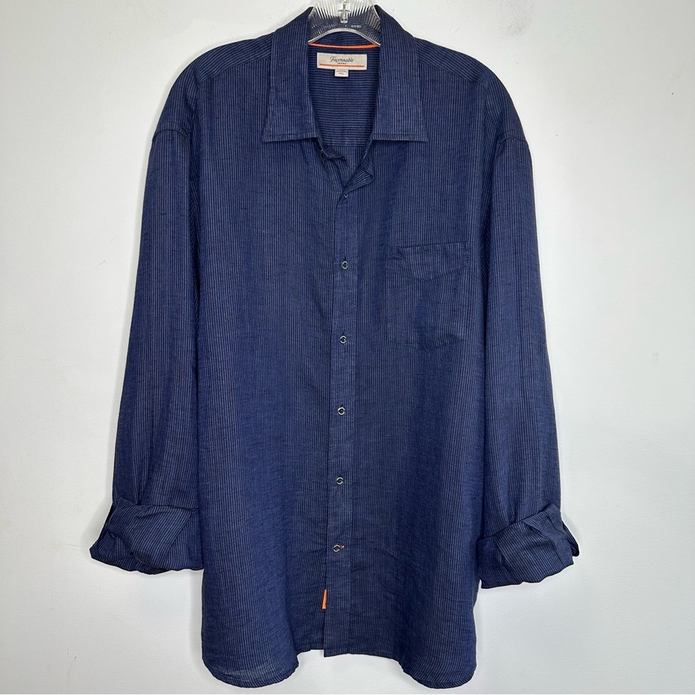 SOLD!!!Faconnable Navy Striped Long Sleeve Buttoned Front 100% Linen